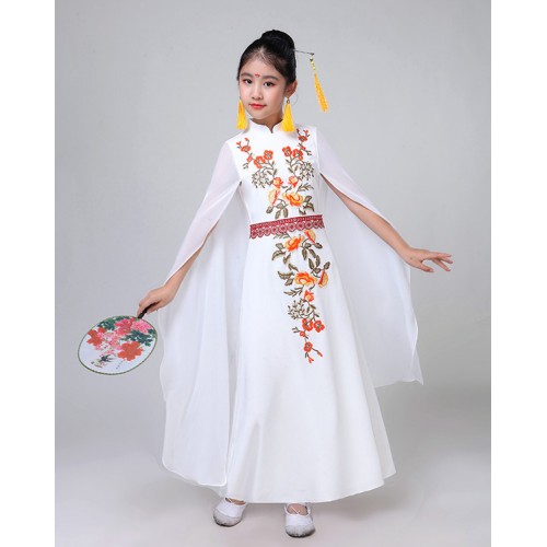 Girls kids hanfu chinese folk dance costumes white colored zheng ancient traditional classical dance fairy princess drama cosplay dress